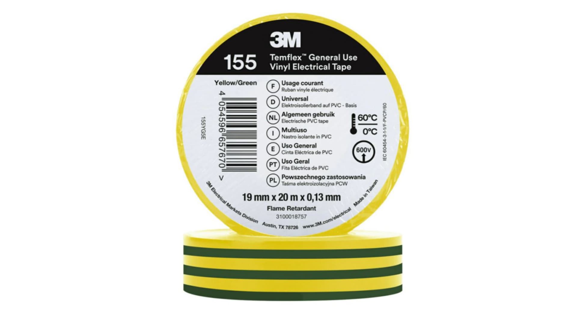 Taśma izolacyjna 19mm x 20m PCW Temflex 155 zielono żółta 7100222489