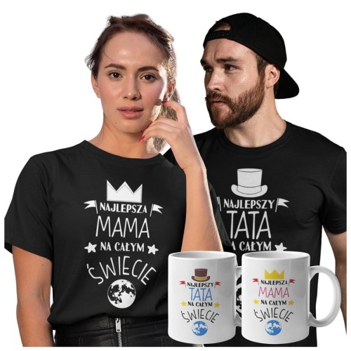 Koszulki dla Rodziców na Dzień Mamy i Taty zestaw z kubkami z napisem Najlepsza mama na całym świecie i Najlepszy tata na całym świecie w kolorze czarnym