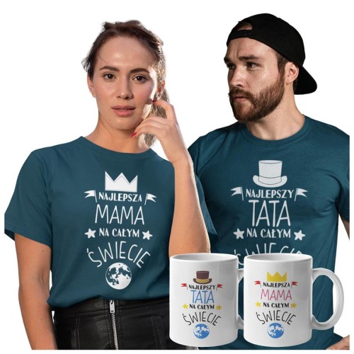 Koszulki dla Rodziców na Dzień Mamy i Taty zestaw z kubkami z napisem Najlepsza mama na całym świecie i Najlepszy tata na całym świecie w kolorze petrol blue