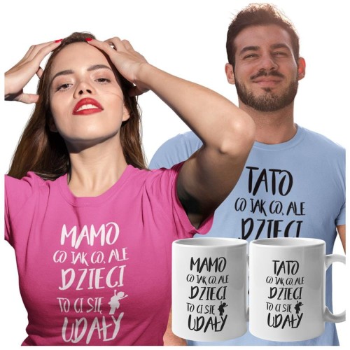 Koszulki dla Rodziców na Dzień Mamy i Taty zestaw z kubkami z napisem Mamo co jak co, ale dzieci to Ci się udały i Tato co jak co, ale dzieci to Ci się udały w kolorze różowym i błękitnym