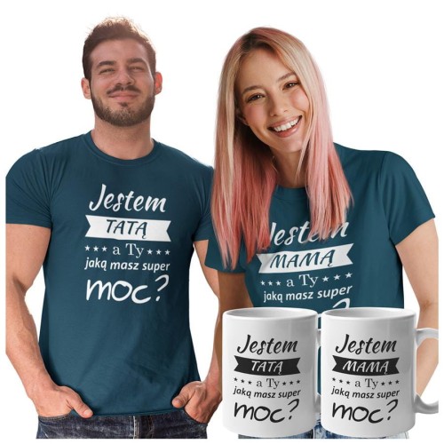 Koszulki dla Rodziców na Dzień Mamy i Taty zestaw z kubkami z napisem Jestem MAMĄ, a ty jaką masz super moc? i Jestem TATĄ, a ty jaką masz super moc? w kolorze petrol blue