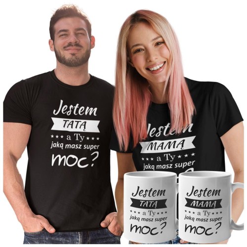 Koszulki dla Rodziców na Dzień Mamy i Taty zestaw z kubkami z napisem Jestem MAMĄ, a ty jaką masz super moc? i Jestem TATĄ, a ty jaką masz super moc? w kolorze czarnym