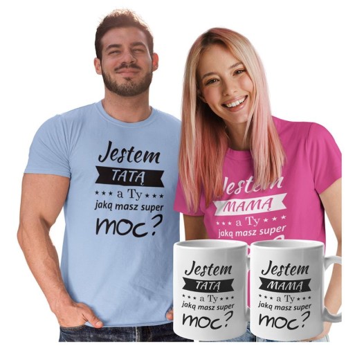 Koszulki dla Rodziców na Dzień Mamy i Taty zestaw z kubkami z napisem Jestem MAMĄ, a ty jaką masz super moc? i Jestem TATĄ, a ty jaką masz super moc? w kolorze różowym i błękitnym