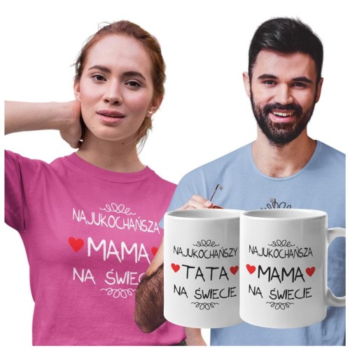 Koszulki dla Rodziców na Dzień Mamy i Taty zestaw z kubkami z napisem Najukochańsza mama na świecie i Najukochańszy tata na świecie w kolorze różowym i błękitnym