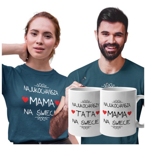 Koszulki dla Rodziców na Dzień Mamy i Taty zestaw z kubkami z napisem Najukochańsza mama na świecie i Najukochańszy tata na świecie w kolorze petrol blue