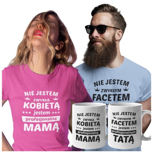 Koszulki dla Rodziców na Dzień Mamy i Taty zestaw z kubkami z napisem Nie jestem zwykłą kobietą, jestem PROFESJONALNĄ mamą i Nie jestem zwykłym facetem jestem PROFESJONALNYM tatą w kolorze różowym i błękitnym