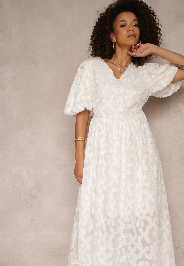 Jasnobeżowa Koronkowa Sukienka Midi z Wiskozy Olikis