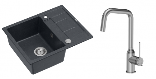 Quadron Unique Zlewozmywak granitowy jednokomorowy 62*50*22 cm z ociekaczem MORGAN 116 BLACK DIAMOND z syfonem Push-2-Open w kolorze stalowym z baterią NATALIE Q LINE kolor stal szczotkowana