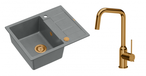 Quadron Unique Zlewozmywak granitowy jednokomorowy 62*50*22 cm z ociekaczem MORGAN 116 SILVER STONE z syfonem Push-2-Open w kolorze miedzianym z baterią NATALIE Q LINE kolor miedziany