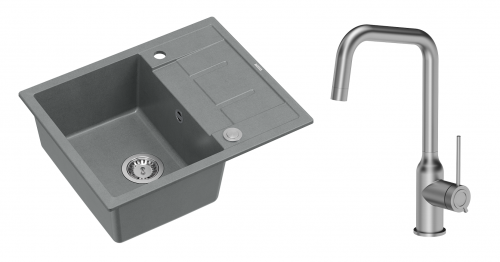 Quadron Unique Zlewozmywak granitowy jednokomorowy 62*50*22 cm z ociekaczem MORGAN 116 SILVER STONE z syfonem Push-2-Open w kolorze stalowym z baterią NATALIE Q LINE kolor stal szczotkowana