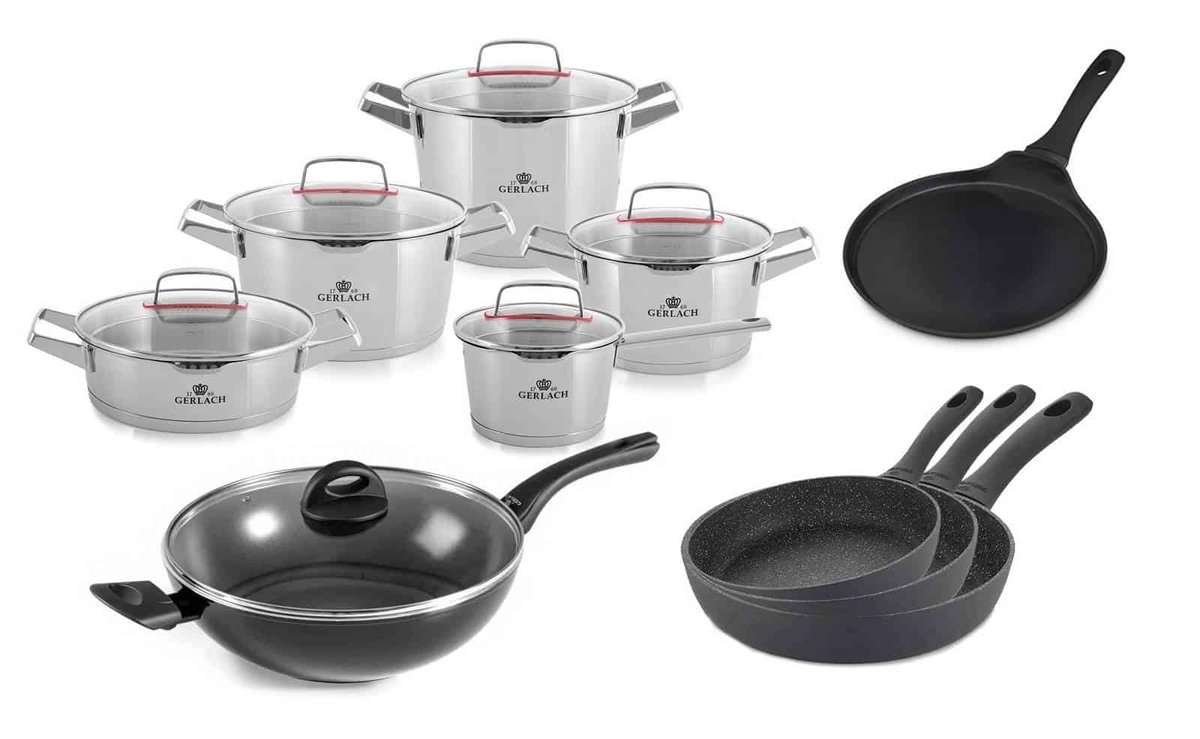 Gerlach Zestaw Garnków 10 El. Superior + 3X Patelnie 20/24/28 Cm + Patelnia Naleśnikowa + Wok