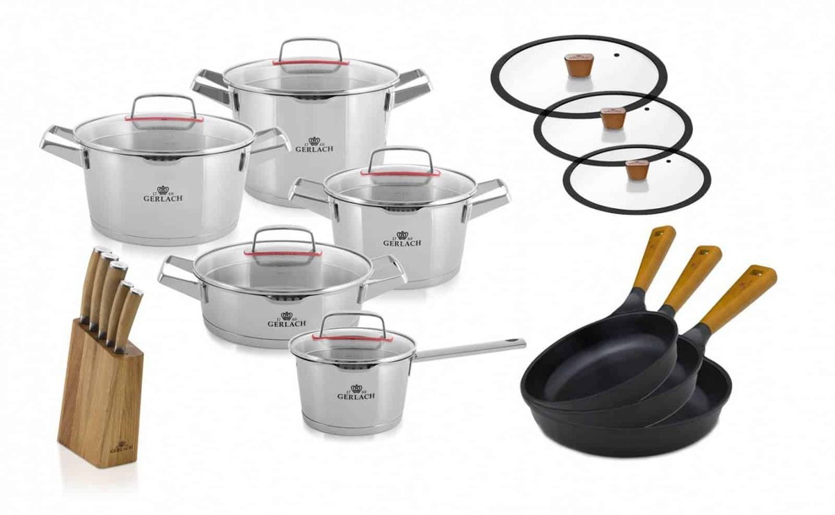Gerlach Zestaw Garnków 10 El. Superior + Zestaw Noży W Bloku + 3X Patelnie 20, 24, 28 Cm + 3X Pokrywki