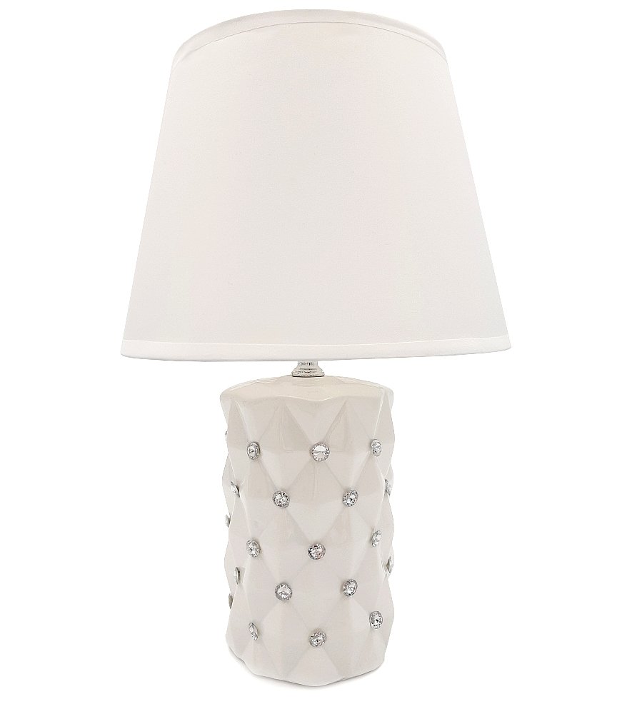 Lampa stołowa nocna z kryształkami biała z białym kloszem glamour 35 cm