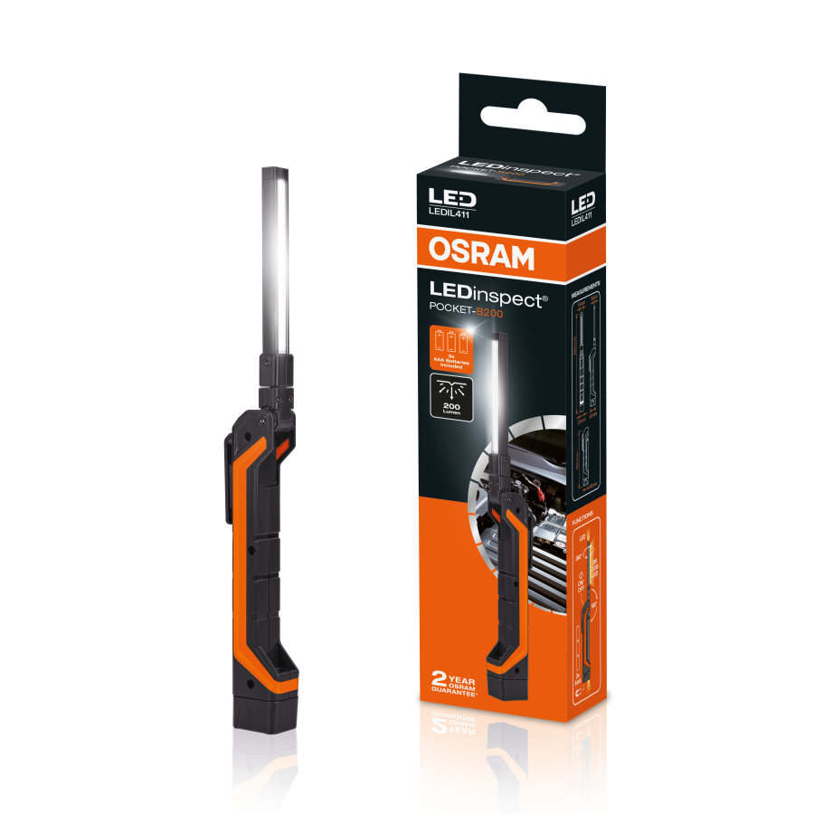 OSRAM LEDIL411 LEDinspect POCKET-B200, smukła lampka kontrolna, 6500 K, zasilana bateriami, lampa robocza LED, magnetyczna, giętka, w zestawie z hakiem