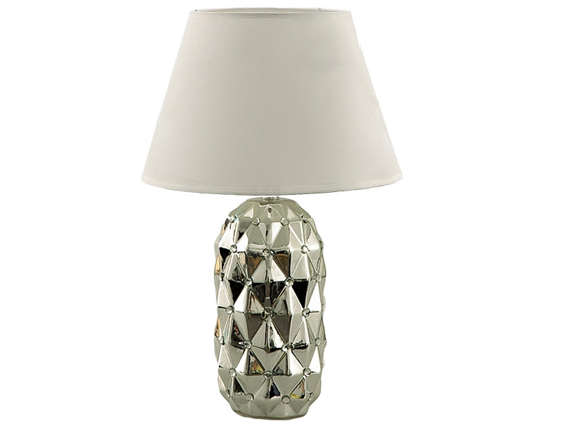 Lampa Stołowa Nocna Z Cyrkoniami Srebrna Z Białym Kloszem Glamour 47 Cm