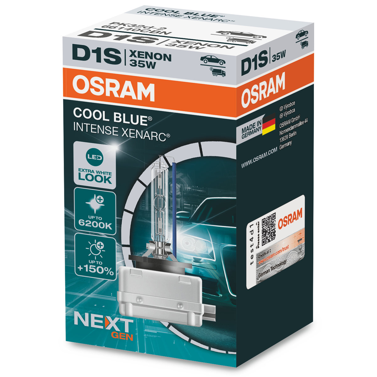 OSRAM XENARC COOL BLUE INTENSE D1S, +150% jaśniejsze światło, do 6200K, lampa ksenonowa, wygląd LED, kartonowe pudełko (1 lampa)
