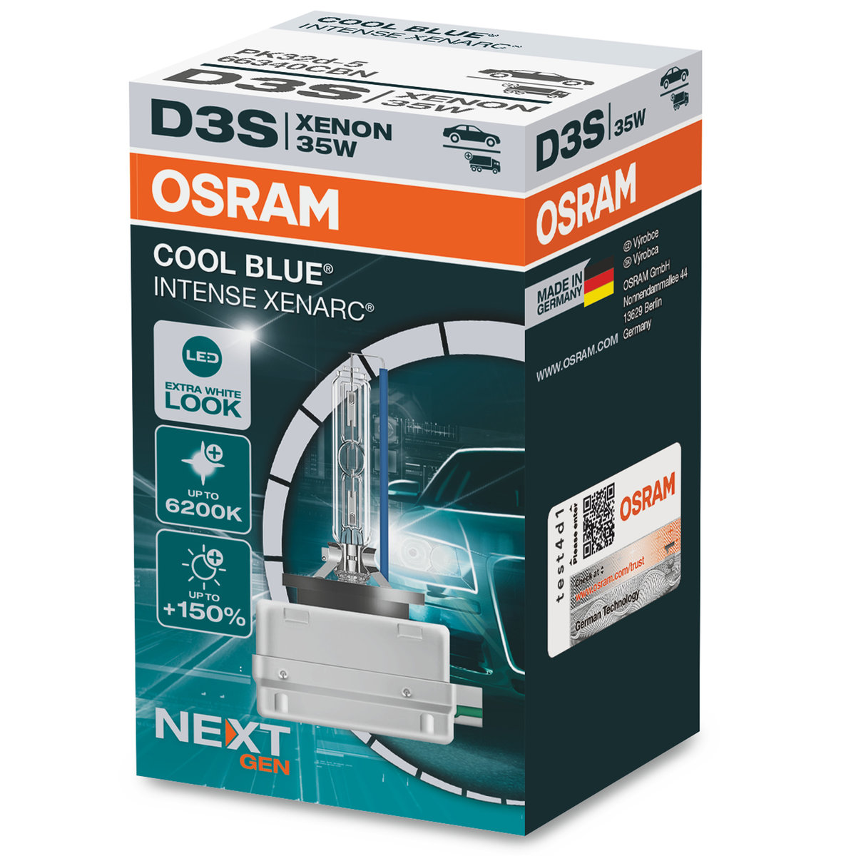 OSRAM XENARC COOL BLUE INTENSE D3S, +150% jaśniejsze światło, do 6200K, lampa ksenonowa, wygląd LED, kartonowe pudełko (1 lampa)