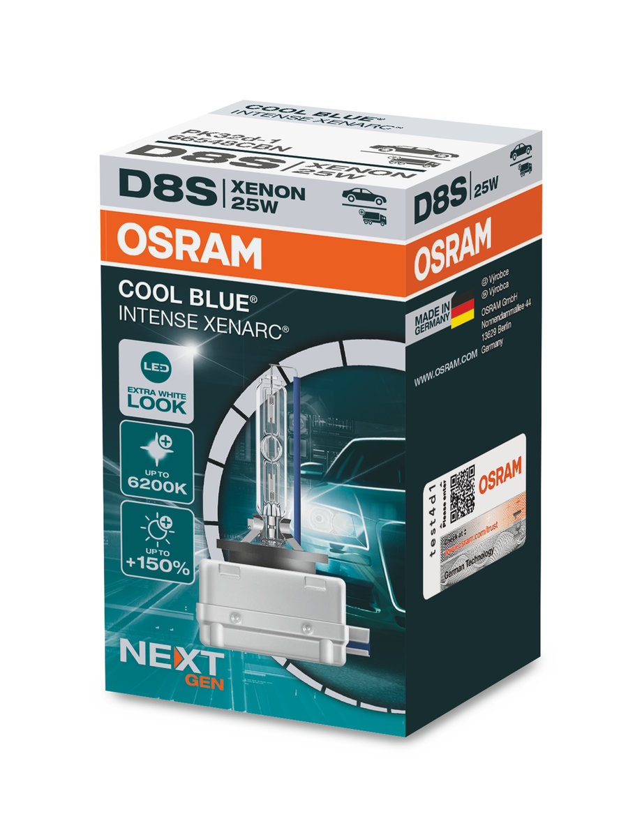 OSRAM XENARC COOL BLUE INTENSE D8S, +150% più luminoso, fino a 6.200K, lampadina per fari allo xeno, look LED, astuccio (1 lampada)