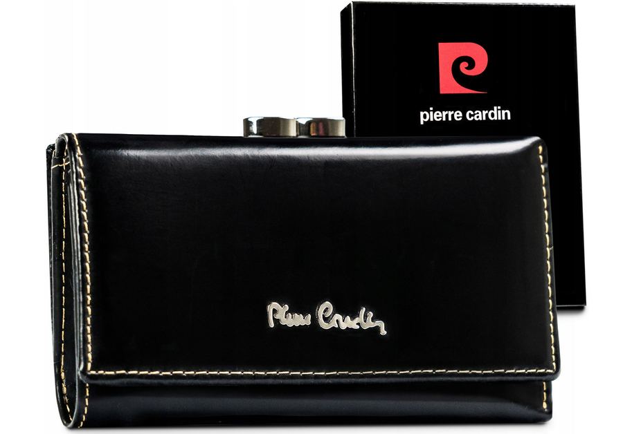 Klasyczny portfel damski ze skóry naturalnej na bigiel i zatrzask — Pierre Cardin