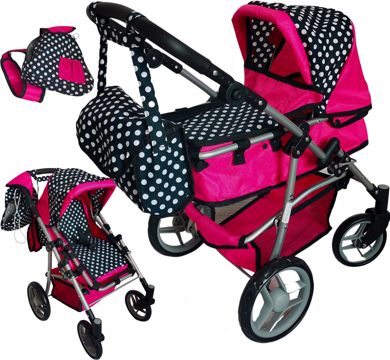 Wózek Dla Lalek Głęboki Spacerówka Z Torbą+plecak