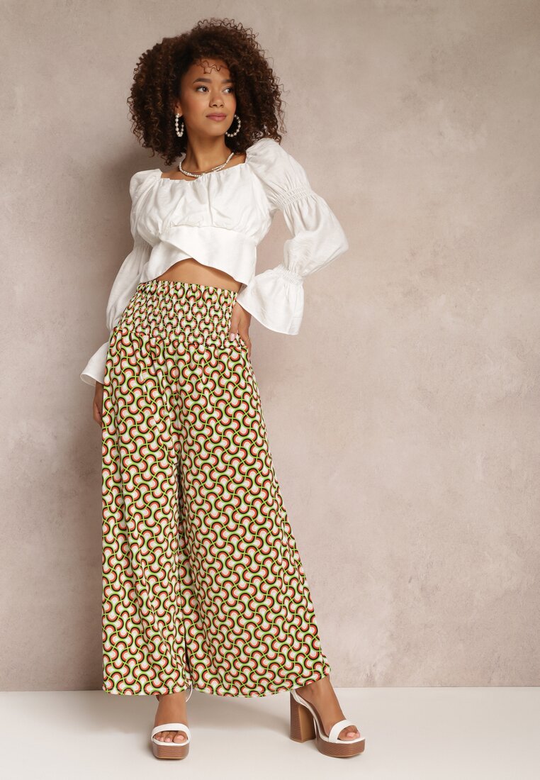 Jasnozielone Spodnie Culotes z Szerokimi Nogawkami i Gumką w Talii Demia