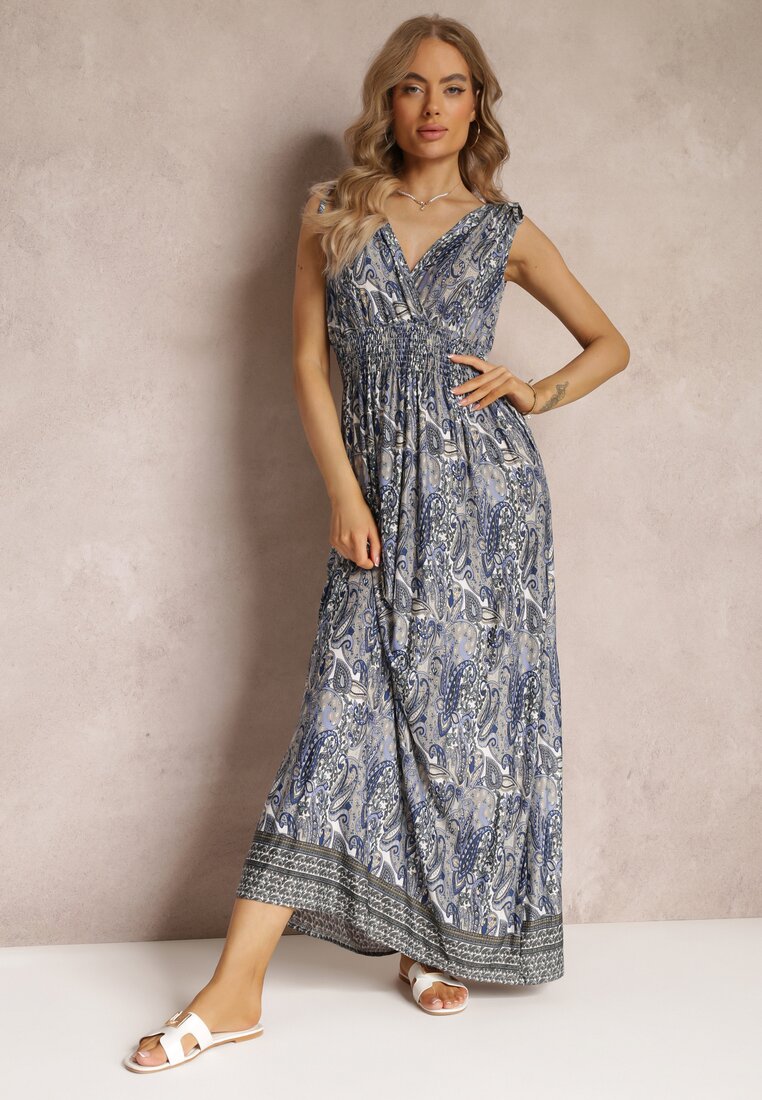 Niebiesko-Granatowa Wiskozowa Sukienka Maxi o Wzorze Paisley z Cienkimi Gumkami w Talii Trueth