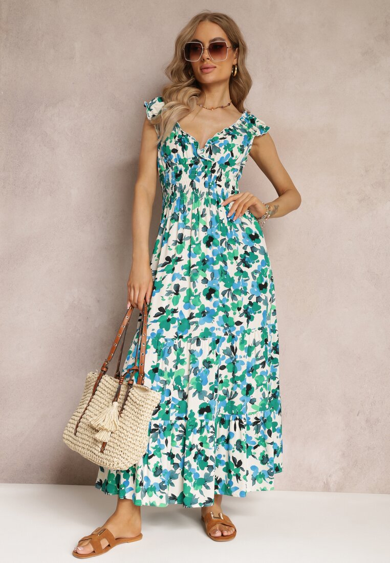 Zielona Kopertowa Sukienka Maxi w Kwiaty z Gumką w Pasie z Wiskozy Marielys