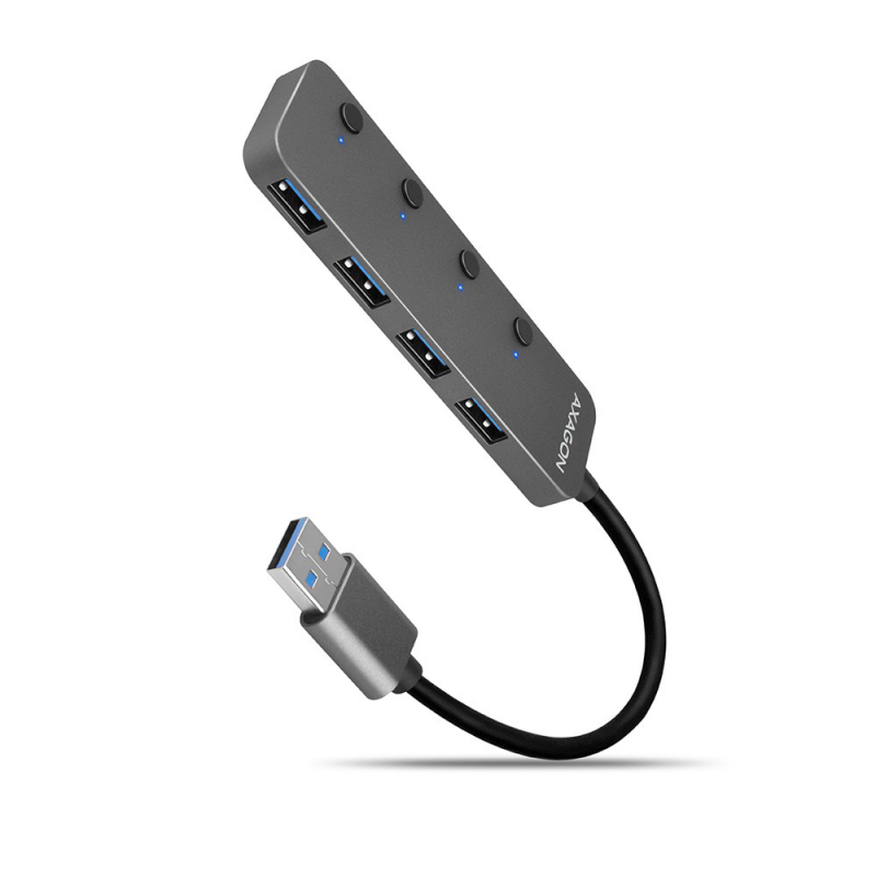 Hub 4-portowy HUE-MSA USB 3.2 Gen 1 switch, metalowy, 20cm USB-A kabel, microUSB dodatkowe zasilanie