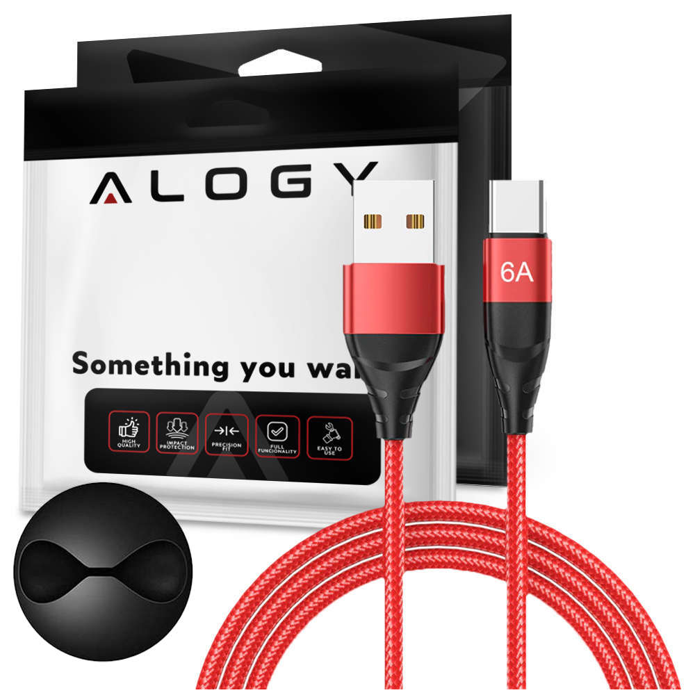 Фото - Кабель Alogy Kabel  przewód USB-A do USB-C Type C 6A 1m Czerwony + Organizer 