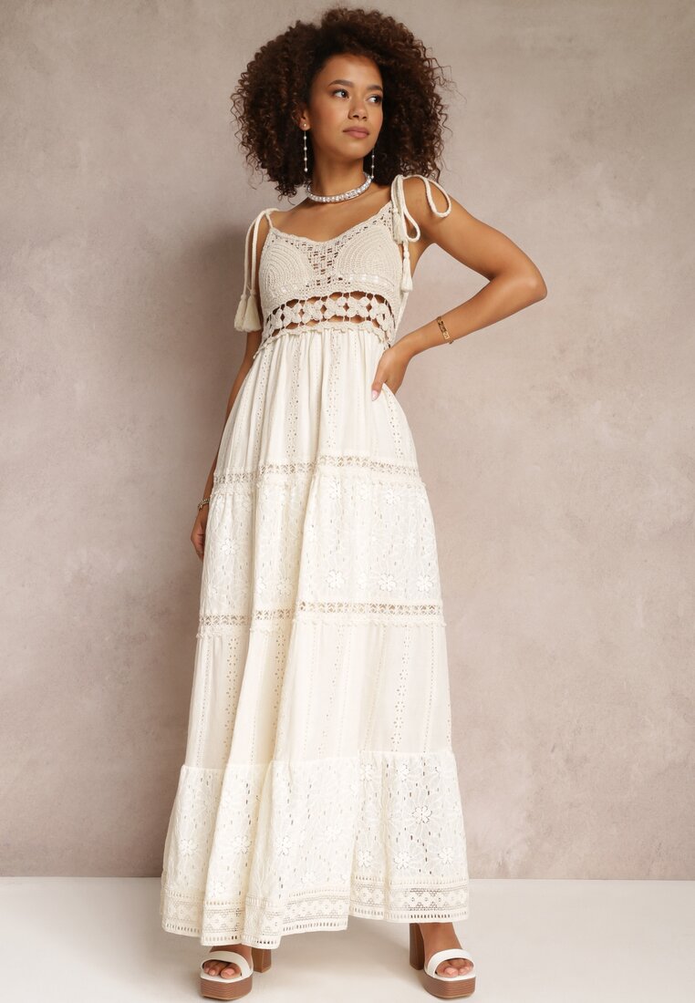 Beżowa Szydełkowa Sukienka Maxi z Ozdobnym Haftem i Falbanką Eshade