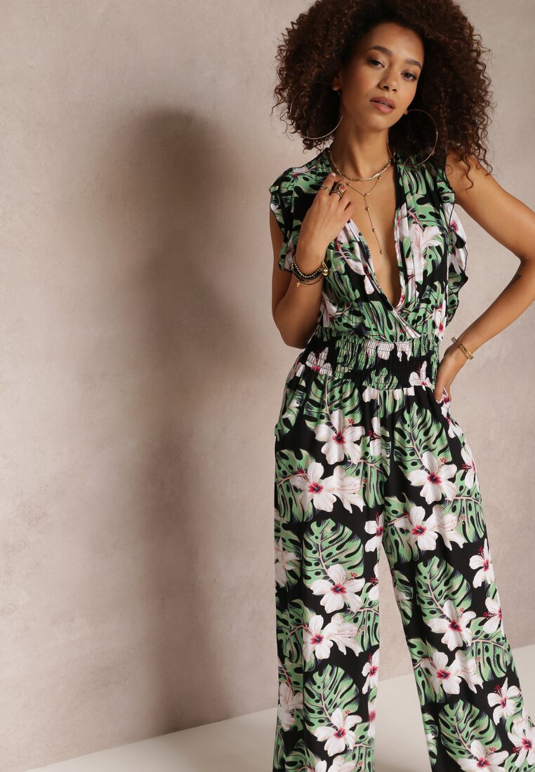 Czarno-Zielony Długi Kombinezon Bawełniany w Kwiaty Vegita