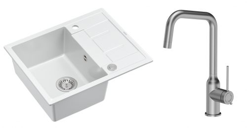 Quadron Unique Zlewozmywak granitowy jednokomorowy 62*50*22 cm z ociekaczem MORGAN 116 SNOW WHITE z syfonem Push-2-Open w kolorze stalowym z baterią NATALIE Q LINE kolor stal szczotkowana
