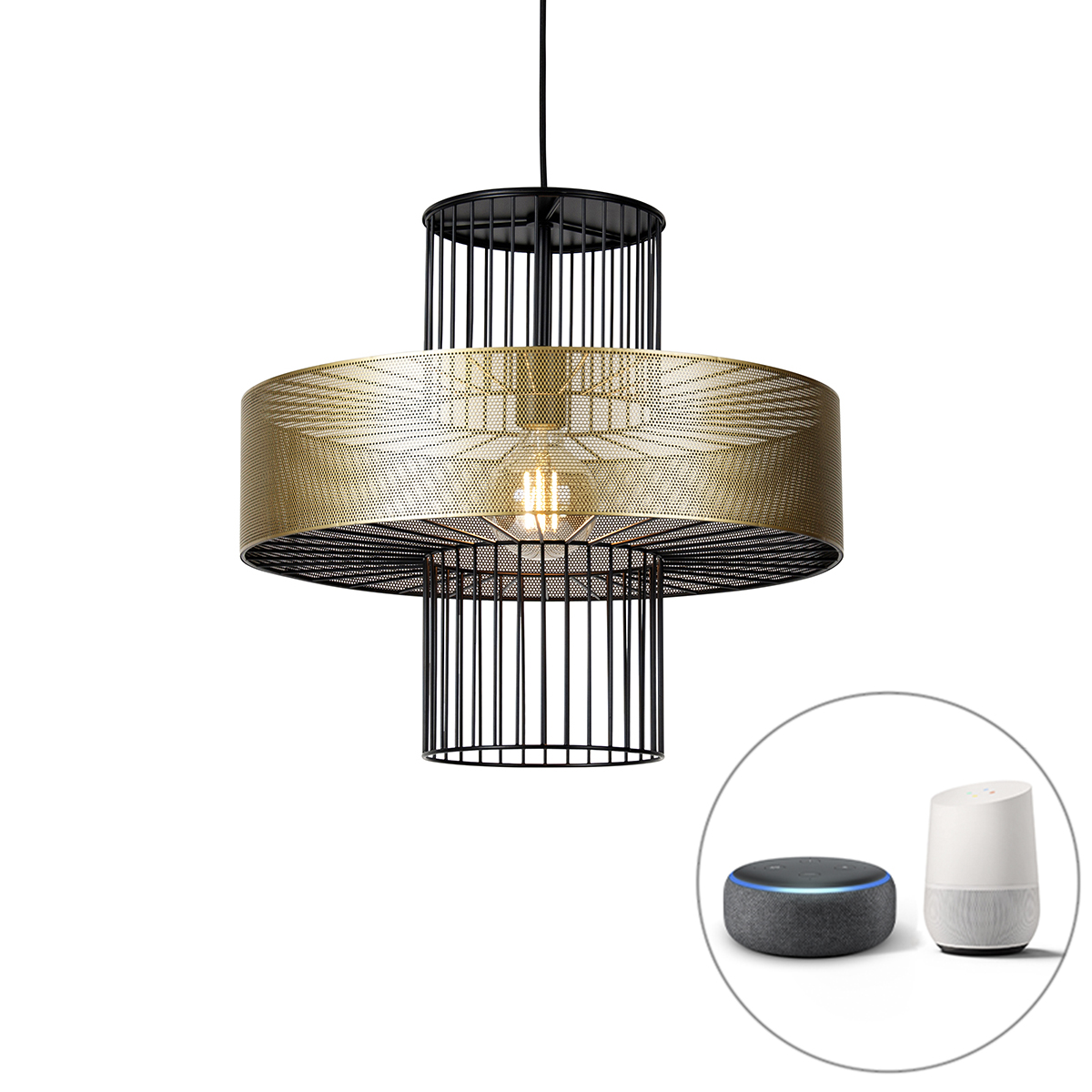 QAZQA Inteligentna lampa wisząca złota z czarnym 50 cm z Wifi G95 - Tess