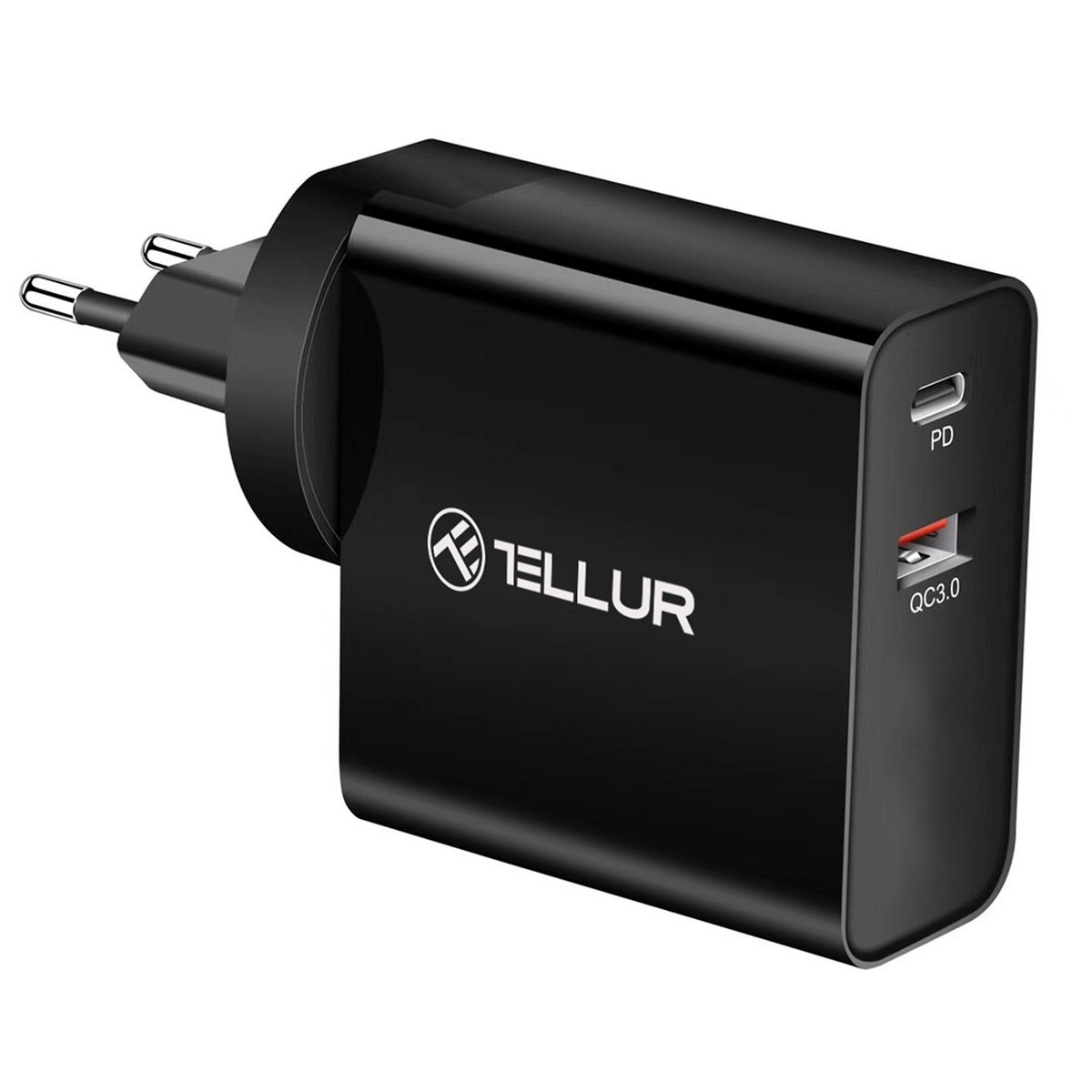 Tellur PDHC1 48W Dual-Port PD Charger PD30W + QC3.0, 3 plug adapters (US, EU, UK), black
