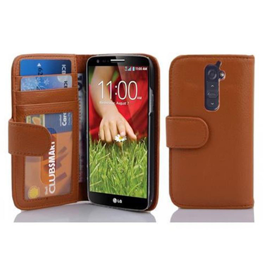 Cadorabo cador Abo  Book Style etui do LG G2  Case Cover etui ochronne z 3 kieszenie na karty kredytowe, koniakowo-brązowy DE-101563