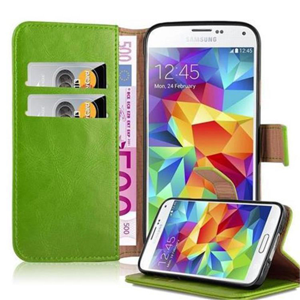 Luxury Cadorabo - Book Style für Samsung Galaxy S5 (G900F) - Case Cover Schutzhülle Etui mit Standfunktion und Kartenfach in GRASS-GRÜN