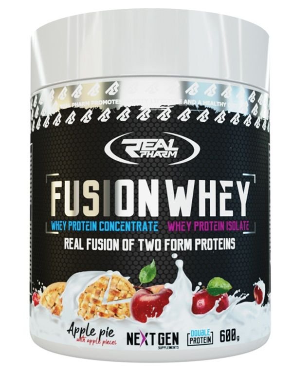 BIAŁKO Real Pharm Fusion Whey ODŻYWKA BIAŁKOWA - 600g 50/50 WPI WPC ciasto jabłkowe z kawałkami jabłek