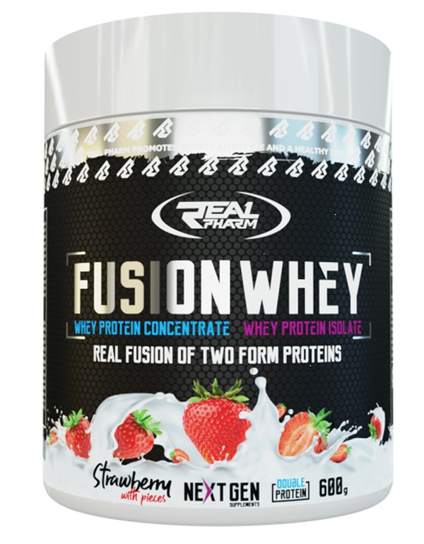 BIAŁKO Real Pharm Fusion Whey ODŻYWKA BIAŁKOWA - 600g 50/50 WPI WPC truskawka z kawałkami truskawek