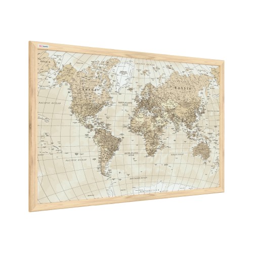 Obraz mapa świata beżowe pastelowe kolory 60x40cm w ramie drewnianej naturalnej