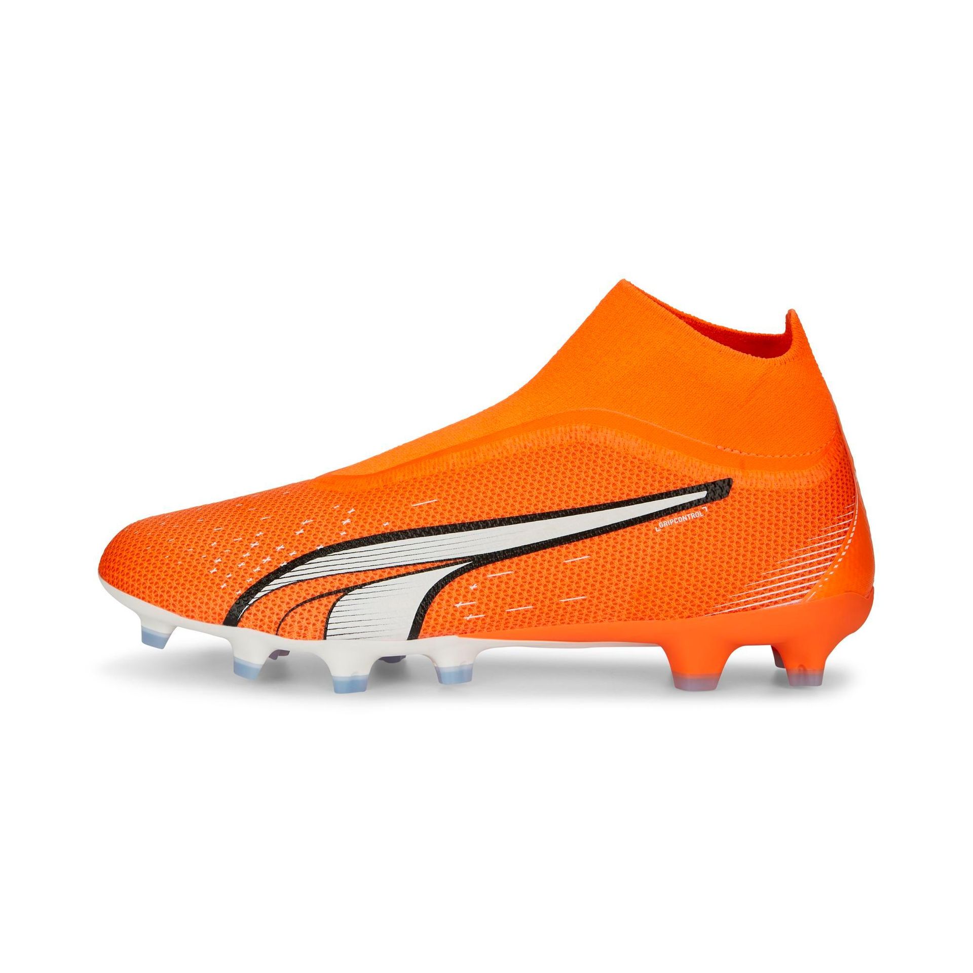 PUMA Męskie buty piłkarskie Match+ LL FG/AG, ultra pomarańczowe, biało-niebieskie błyszczące, 44 EU