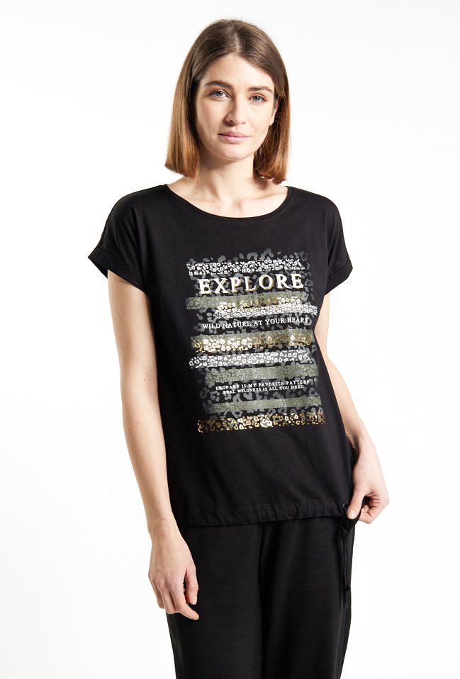 T-shirt damski z wzorzystym panelem - Monnari