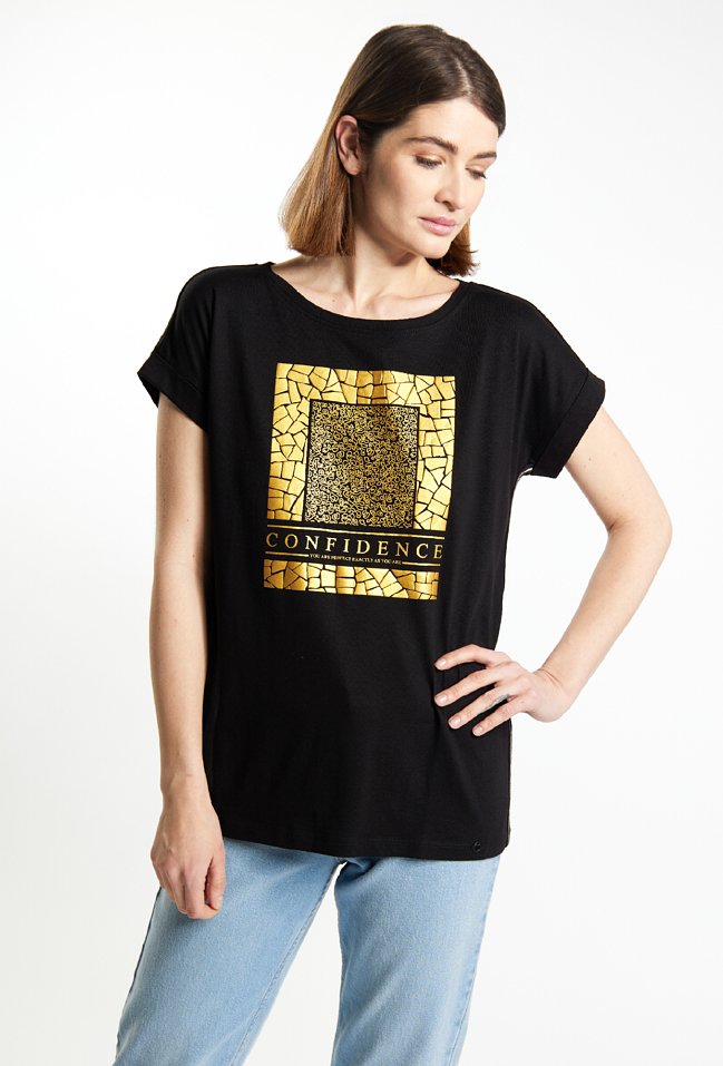T-shirt damski z wzorzystym panelem - Monnari