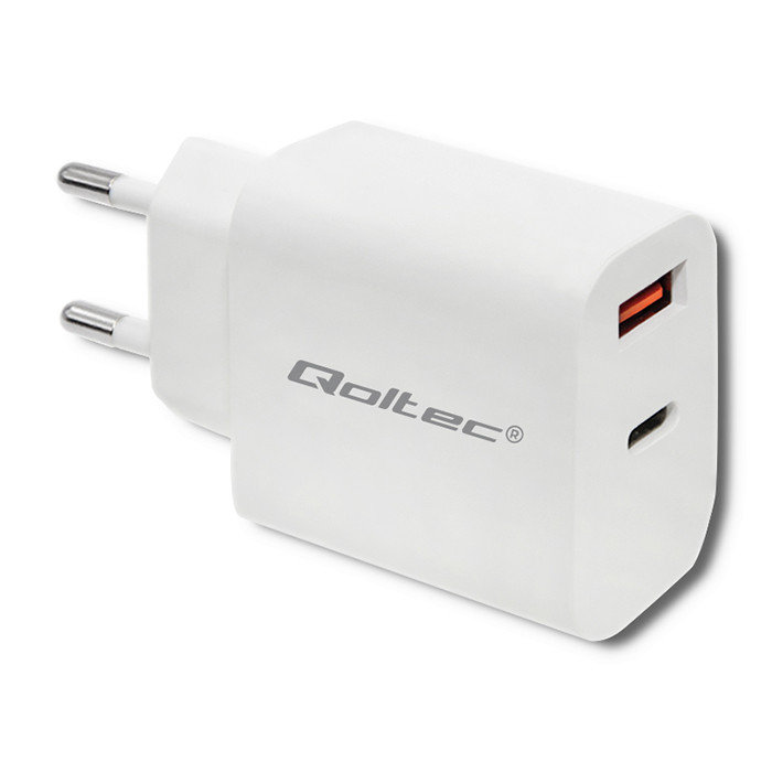 Qoltec Ładowarka sieciowa | 18W | 5-12V | 1.5-3A | USB typ C PD | USB QC 3.0 | Biała