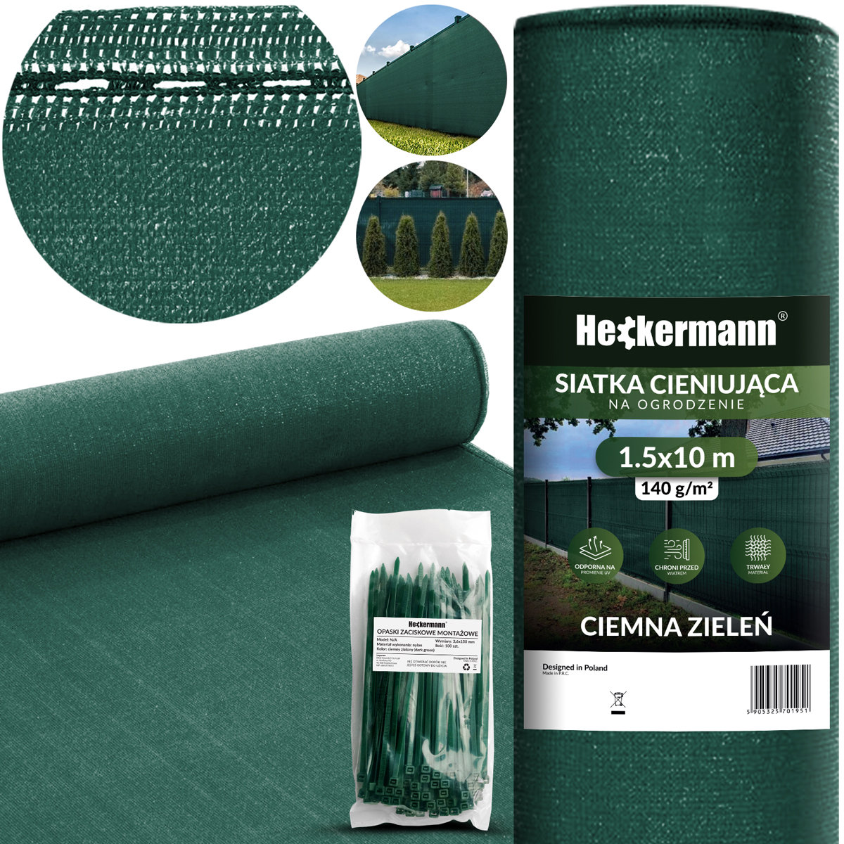 Zestaw Siatka Cieniująca 1,5X10M Heckermann - Zielona + Opaski Zaciskowe Heckermann 100Szt - Zielone