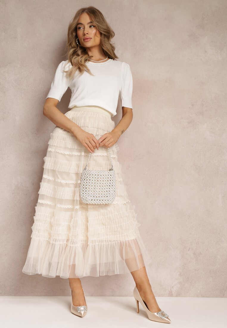 Jasnobeżowa Rozkloszowana Spódnica Maxi Zdobiona Falbankami z Tiulu z Gumką w Pasie Remina