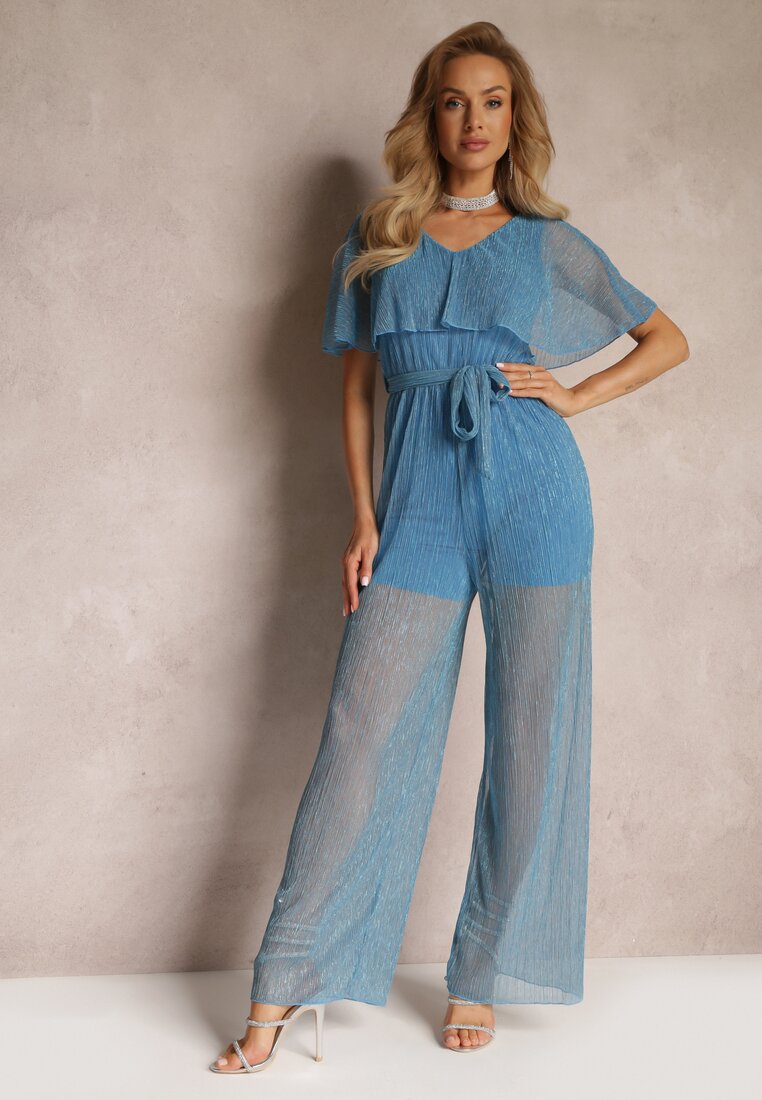 Niebieski Kombinezon z Szerokimi Nogawkami i Ozdobną Narzutką Phedia