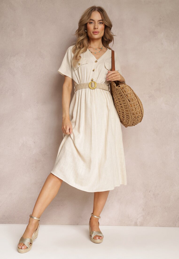 Beżowa Koszulowa Sukienka Midi z Bawełny z Gumką w Talii i Plecionym Paskiem Emera