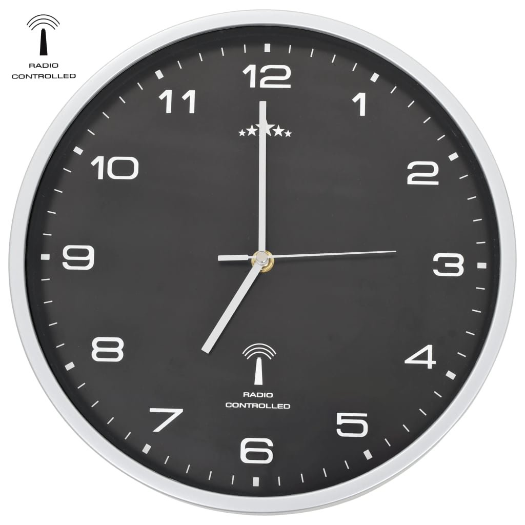 vidaXL Sterowany radiowo zegar z mechanizmem kwarcowym, 31 cm, czarny vidaXL