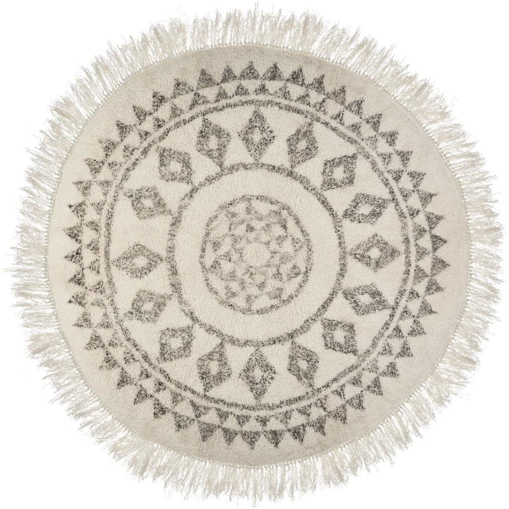 Okrągły dywan w etniczne wzory z frędzlami bawełna 120 cm beżowy 156149