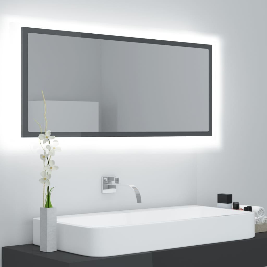 vidaXL Lustro łazienkowe z LED, szare na wysoki połysk, 100x8,5x37 cm